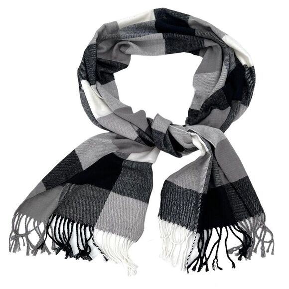 Unisex Black & Gray Checkered 100% Cashmere Fringed Scarf Made in Scotland - Picture 1 of 6